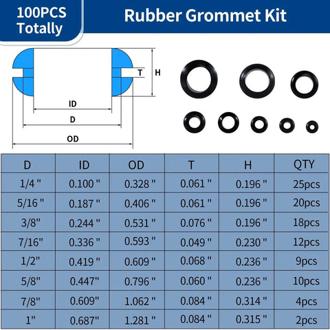 100 Piece Rubber Grommet Kit With 9 Size Hollow Firewall Hole Plugs For Wires And Cords shown with size chart and specifications