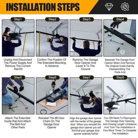 Installation steps for 8Ft Garage Door Opener Rail Extension Kit With Replacement Belt For Whisper Drive Plus Models