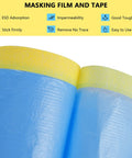 Close-up of blue masking paper with tape, showing tear-resistant material for automotive painting and home projects protective coverage.