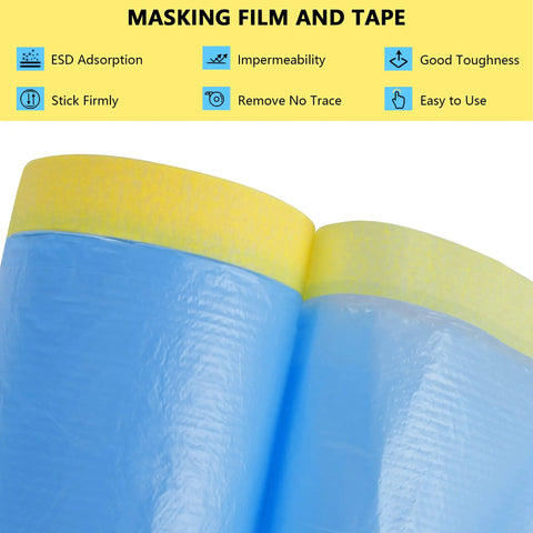 Close-up of blue masking paper with tape, showing tear-resistant material for automotive painting and home projects protective coverage.