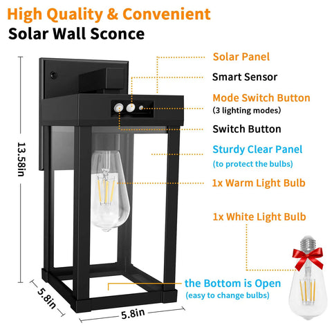 Outdoor Solar Wall Light With Motion Sensor And 3 Lighting Modes Two Bulbs Waterproof Porch Lantern dimensions and features