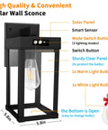 Outdoor Solar Wall Light With Motion Sensor And 3 Lighting Modes Two Bulbs Lit Porch Lantern Waterproof Sconce For Garage Porch Shed Yard Garden Front Door No Wiring Solar Powered, highlighting solar panel, smart sensor, and lighting modes.