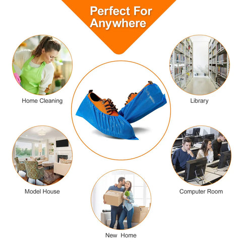 Disposable Shoe Covers 100 Pack 50 Pairs No Slip Waterproof Boot Covers For Indoor Guests infographic showing various uses