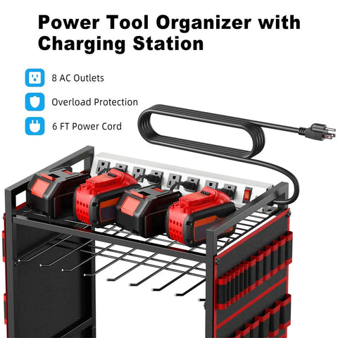 Power Tool Organizer Cart With Charging Station On Wheels Eight Outlet Power Strip Built In Battery Storage Garage Floor Rolling Rack Heavy Duty Metal Utility Cart Red.