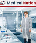 Person in Disposable White Lab Coat For Medical Settings, Large, unisex, in lab environment, emphasizing lightweight shield qualities.