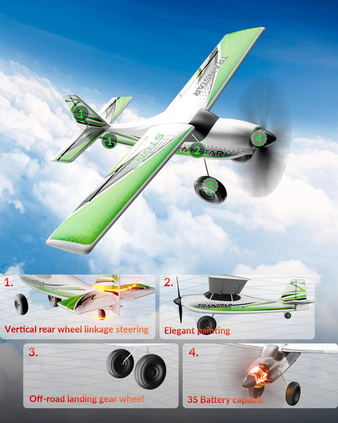 TrainStar 500mm Brushless RC Plane Ready To Fly With 6 Axis Gyro, 3 Flight Modes shown with detailed features in the sky.