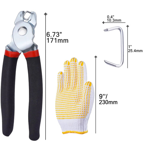 Pro Grade Hog Ring Pliers Kit With Four Hundred Eighty Pieces Galvanized Hog Rings In One Inch Three Quarter Inch One Half Inch And Three Eighth Inch Sizes Plus Anti Slip Gloves For Auto Upholstery Furniture Pet Cages And Bagging, showing pliers, glove, and hog ring dimensions.