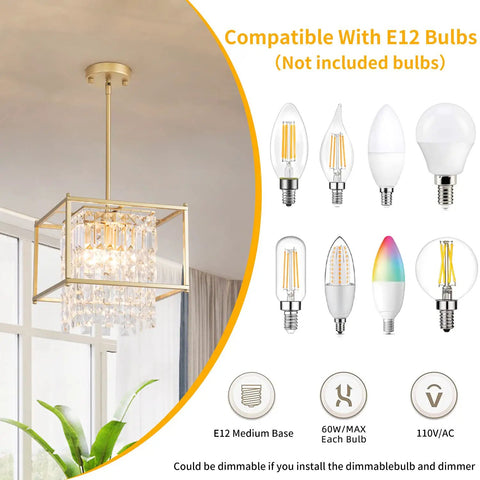 Gold Crystal Chandelier Pendant Light Four Light Industrial Fixture Square 11.81 Inch Dope Modern Vintage Vibe Semi Flush Mount