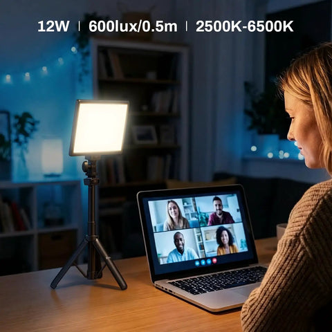 9 Inch LED Video Light Panel with Adjustable 2500K 6500K illuminating a video conference setup in a dimly lit room.