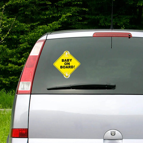 Baby On Board car sign pack with two window stickers, super strong suction cups, five by five inch, installed on rear vehicle window.