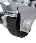 Close-up of heavy duty electric trailer dolly wheel, featuring durable rubber tire, part of a device to move RVs and boats efficiently.