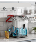 Grab And Go Countertop Pellet Ice Maker With Sturdy Handle And Single Knob Self Cleaning on kitchen counter with ice and drinks.