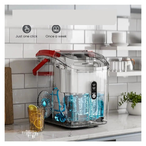 Grab And Go Countertop Pellet Ice Maker With Sturdy Handle And Single Knob Self Cleaning on kitchen counter with ice and drinks.