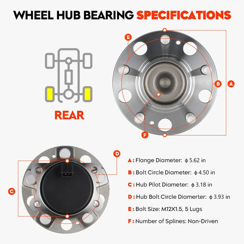 Specifications of Bolt-On Rear Wheel Hub Bearing Assembly For Hyundai Sonata 2015-2019 Tucson 2016-2019 Veloster N 2019 Optima 2016-2020 Sportage 2017-2020 Cadenza 2017-2020 5-Lug With ABS Replacement 512553 2 Piece Set