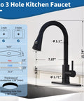 HOMELODY LED Temperature Display Black Kitchen Faucet with Pull Down Sprayer, dimensions and hole options shown, matte black finish.