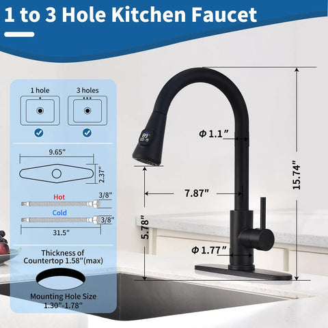 HOMELODY LED Temperature Display Black Kitchen Faucet with Pull Down Sprayer, dimensions and hole options shown, matte black finish.