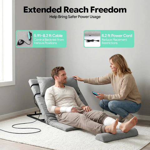 Heavy Duty Electric Lifting Backrest With Adjustable Angle For Hospital Beds fits a man being assisted, showing the remote control and power cable.