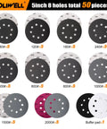 5 Inch Sanding Discs Set With 8 Hole Hook And Loop Wet Dry Sandpaper Sheets 50 Pack Includes 5 Inch Interface Pad For Random Orbital Sander Pro Grade Assorted Grits 80 To 2000 For Auto Wood Metal Plastic displayed in various grits