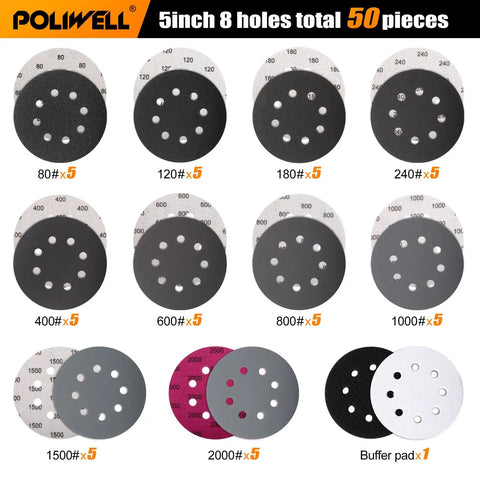5 Inch Sanding Discs Set With 8 Hole Hook And Loop Wet Dry Sandpaper Sheets 50 Pack Includes 5 Inch Interface Pad For Random Orbital Sander Pro Grade Assorted Grits 80 To 2000 For Auto Wood Metal Plastic displayed in various grits