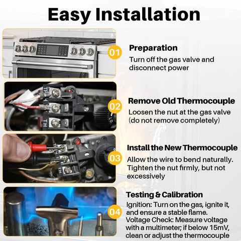 Thermopile for gas fryer installation guide showing four steps and wiring photos.