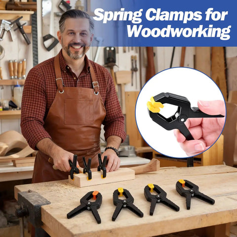 Man using Heavy Duty 30 Pack Plastic Spring Clamps 3.5 Inch Hand Wood Clamps For Woodworking And Crafts in workshop
