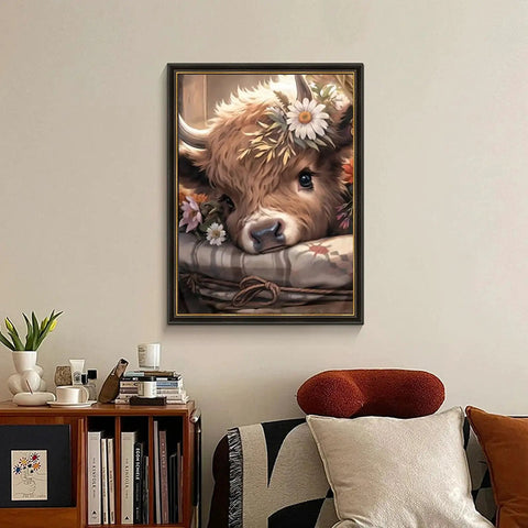 Highland Cow Themed 5D Diamond Painting Kit For Adults, Easy And Fun Round Gem Art, displayed as wall decor in a living room.