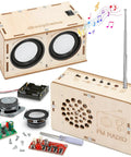 DIY Bluetooth Speaker And FM Radio Kit For Kids Aged 8 To 12 Dope STEM Projects with parts, speakers, and tools shown.