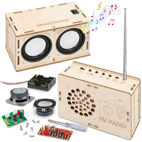 DIY Bluetooth Speaker And FM Radio Kit For Kids Aged 8 To 12 Dope STEM Projects with parts, speakers, and tools shown.
