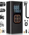 Portable Tire Inflator Air Compressor 180 PSI With Digital Pressure Gauge And LED Light, 12V DC Car Adapter, accessories shown