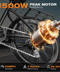1500W peak motor close-up showcasing powerful gearing and chain, highlighting efficiency for the Badass Electric Bike For Adults With 750W Peak Motor Crushing Hills At 20 Mph, 26 Inch Fat Tire Ebike Packing 480Wh Long Range Battery Plus Smooth Dual Disc Brakes And Quick 7 Speed Gears For Rock Solid Daily Commuting Or Trail Fun Rides.