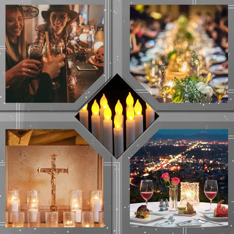 24 Pack Flameless Taper Candles With LED Flicker arranged for various decor setups including dining, celebrations, and religious settings