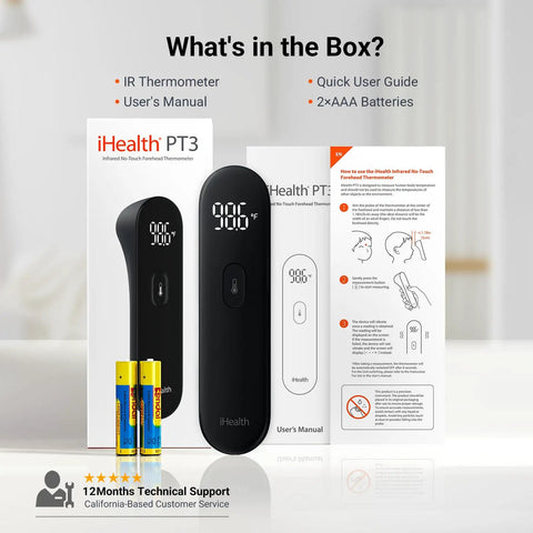 No Touch Forehead Thermometer For Adults Kids And Babies Infrared Temperature Checker With Non Contact Sensing And 1.18 Inch Range For Quick Accurate Readings PT3 Black box with batteries, manual, and guide