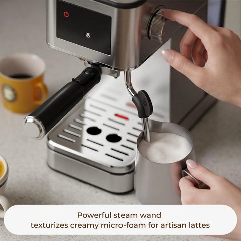 Top Shelf No Fuss 20 Bar Espresso Machine With Built In Grinder And Fast Milk Frother Stainless Steel All In One Coffee Maker Featuring Easy Lcd Display demonstrating steam wand creating micro-foam for lattes.