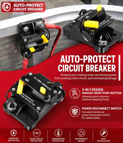 Heavy Duty Trolling Motor Plug And Receptacle Kit With 60 Amp Circuit Breaker For 12V 24V 36V 48V Electrical Systems showing IP68 rated waterproof circuit breaker.