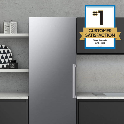 Large 11 Cubic Foot Convertible Upright Freezer And Fridge Flip Featuring Even Airflow And Reversible Door Design Energy Star Certified Stainless Steel Construction displayed in modern kitchen setting.