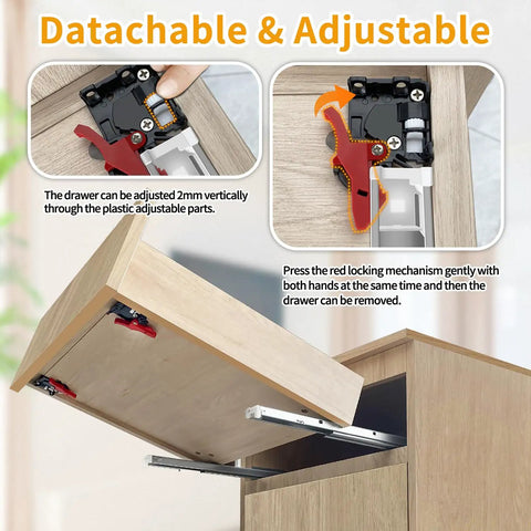 Close-up of a Soft Close Bottom Mount Drawer Slides 9 Inch Rails With Rear Mounting Bracket And Locking Devices system in use