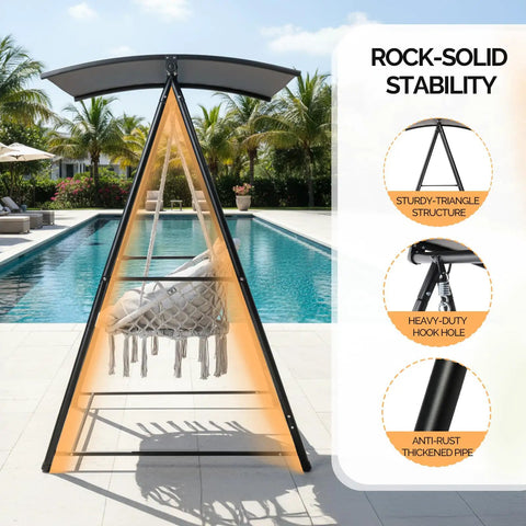 Chill Outdoor Hammock Chair With Stand And Canopy, showcasing sturdy triangle structure near poolside with palm backdrop.