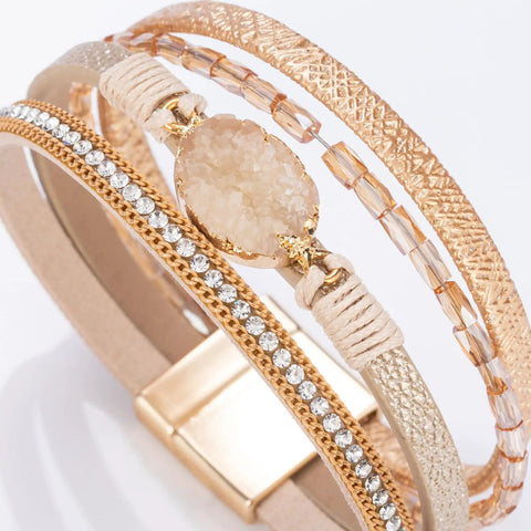 Premium Gold Boho Leather Wrap Bracelet Featuring Chunky Crystal Beads And Sparkling Rhinestone Layers With Strong Magnetic Clasp.