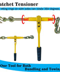 Two Pack Ratchet Chain Binders For Five Sixteenths To Three Eighths Inch Chains Heavy Duty Tie Downs With Anti Skid Handle 5400 Lb Working Load And 19000 Lb Break Strength Great For Truck Hauling Towing And Transport showing lifting rings and anti skid handle.