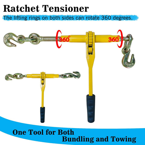 Two Pack Ratchet Chain Binders For Five Sixteenths To Three Eighths Inch Chains Heavy Duty Tie Downs With Anti Skid Handle 5400 Lb Working Load And 19000 Lb Break Strength Great For Truck Hauling Towing And Transport showing lifting rings and anti skid handle.