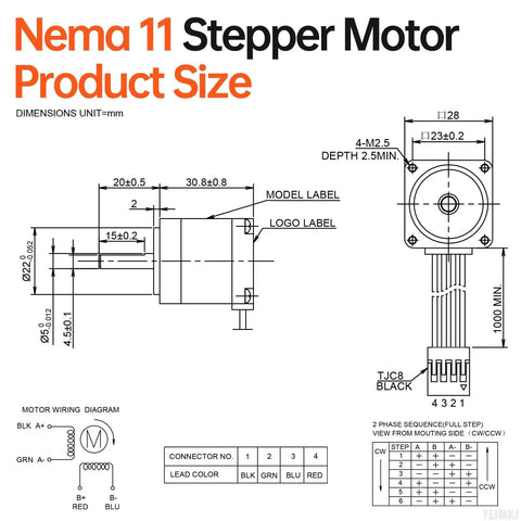 Technical diagram of Nema 11 Stepper Motor 1.8 Degree 2 Phase High Torque 8Ncm Bipolar 28x28x30mm Body With 1 Meter Cable