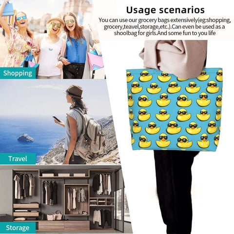 Big Lightweight Tote For Women With Cool Duck Sunglasses Print Reusable Foldable Travel Shoulder Bag Water Repellent Polyester Everyday Carry For Work Shopping And Daily Errands