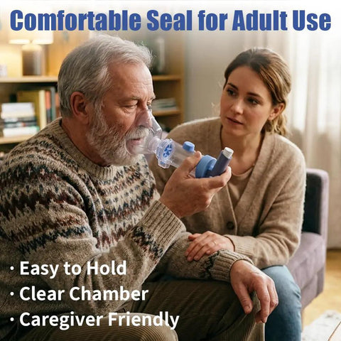 Adult Inhaler Spacer With Soft Silicone Mask For Easy Breathing At Home Or On The Go being used by an elderly man