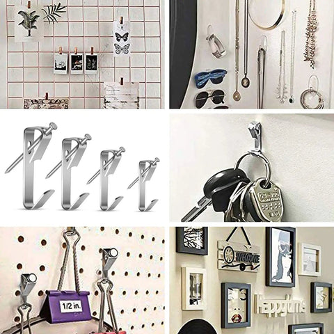 Heavy Duty Picture Hanging Kit With 50 Pcs Hooks And Nails, Supports 10 To 50 Lbs shown with diverse hanging uses