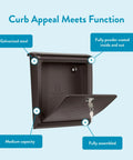 Locking Wall-Mounted Mailbox in Rubbed Bronze with open drop box and embossed design, rust-resistant galvanized steel construction