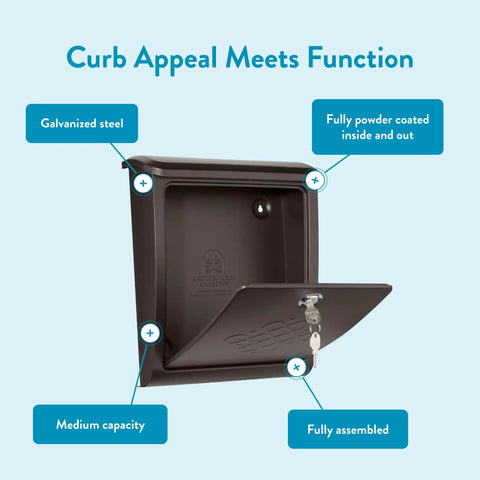 Locking Wall-Mounted Mailbox in Rubbed Bronze with open drop box and embossed design, rust-resistant galvanized steel construction