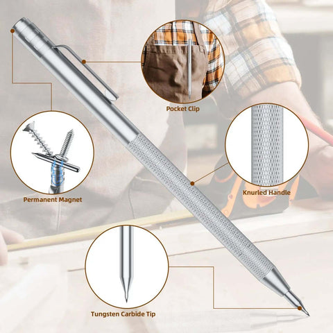 Close-up of five-pack tungsten carbide scriber set with knurled aluminum handle, magnetic cap, and tungsten tip for precision engraving.