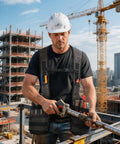 Heavy Duty Carpenter Tool Vest With Thick Top Grain Buffalo Leather And Twenty Ounce Waxed Canvas on a worker at a construction site.