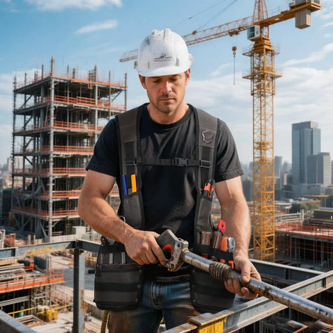 Heavy Duty Carpenter Tool Vest With Thick Top Grain Buffalo Leather And Twenty Ounce Waxed Canvas on a worker at a construction site.