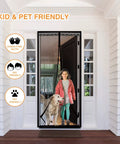Child and dog exiting through Magnetic Screen Door For Doors Up To 37 By 82 Inches, Self Sealing Mesh Magnetic Closure, Black